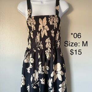 Black and Cream Floral Smocked Midi Dress
